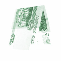 Green 100 rubles folded in half, russian roubles isolated white