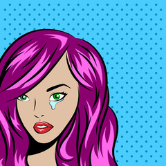 Pop art vector illustration of young woman with tear on the dott