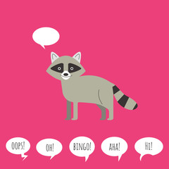 Vector illustration of raccoon with speech bubble. Flat style.