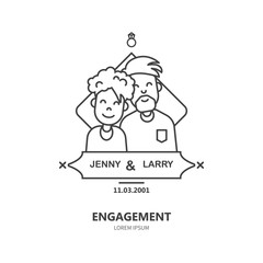 Template of emblem with lovers and simple data in linear flat style. 