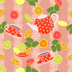 Repeating pattern with a kettle, cups, slices of citrus and leaves.