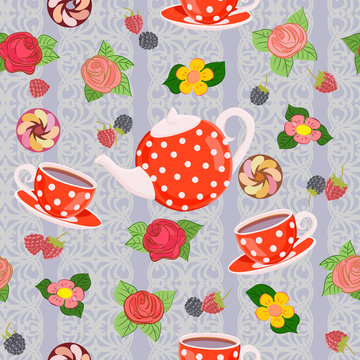 Seamless vector pattern with teapot, cups, strawberries and cake.
