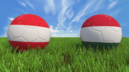 "
 3D soccer balls with Austria and Hungary flag, Euro 2016. Placed on 3d grass. Background isolated with clipping path."