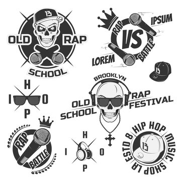 Set of vintage rap emblems, labels and design elements. Monochrome style. 