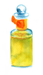 Watercolor golden bottle of perfume with bright orange ribbon