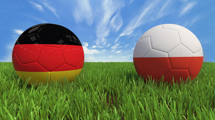 "
 3D soccer balls with Germany and Poland flag, Euro 2016. Placed on 3d grass. Background isolated with clipping path."