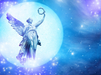 angel in a blue planet over starry sky