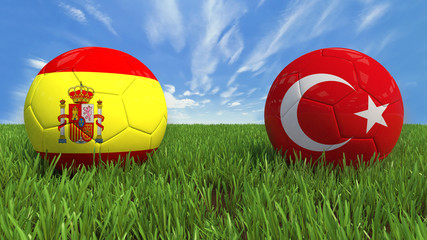 "
 3D soccer balls with Spain and Turkey flag, Euro 2016. Placed on 3d grass. Background isolated with clipping path."