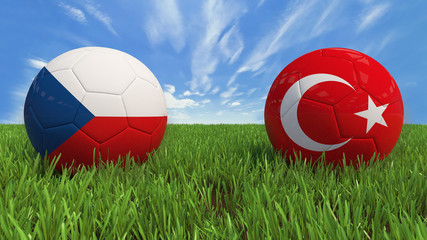 "
 3D soccer balls with Czech Republic and Turkey flag, Euro 2016. Placed on 3d grass. Background isolated with clipping path."