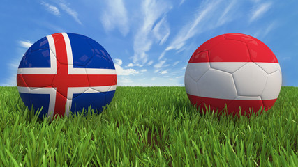 "
 3D soccer balls with Iceland and Austria flag, Euro 2016. Placed on 3d grass. Background isolated with clipping path."