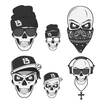 Set of vintage skull rap emblems, labels, badges, logos and design elements. Monochrome style.