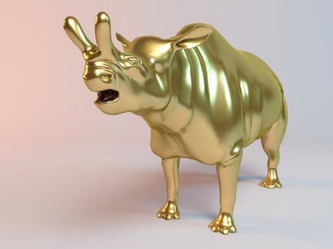 
Golden 3D animal (old dinasour, brontotherium) inside a stage with high render quality to be used as a logo, medal, symbol, shape, emblem, icon, business, geometric, label or any other use