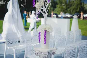 Beautiful wedding ceremony design decoration elements with arch, floral design, flowers, chairs and balloons