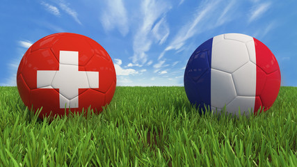 "
 3D soccer balls with Switzerland and France flag, Euro 2016. Placed on 3d grass. Background isolated with clipping path."