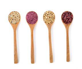 mung beans ,soybean ,purple rice and millet on white background