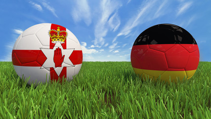 "
 3D soccer balls with Northern Ireland and Germany flag, Euro 2016. Placed on 3d grass. Background isolated with clipping path."