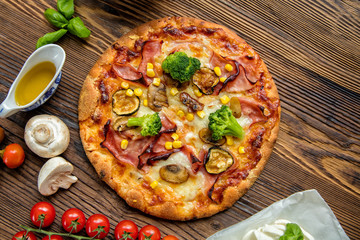 Delicious italian pizza served on wooden table