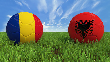 "
 3D soccer balls with Romania and Albania flag, Euro 2016. Placed on 3d grass. Background isolated with clipping path."