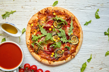 Delicious italian pizza served on wooden table