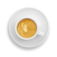 Espresso coffee cup photographed from above and isolated on white background.