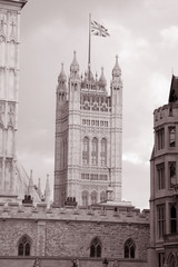 Houses of Parliament; Westminster; London; England; UK in Black and White Sepia Tone