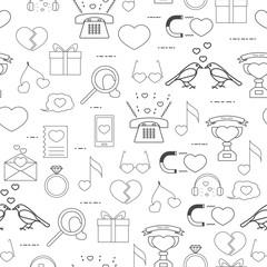 seamless pattern linear style icons grey on a white background. Love signs on Valentine's Day