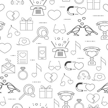 seamless pattern linear style icons grey on a white background. Love signs on Valentine's Day