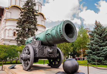 View of Tsar Cannon (King Cannon) in Moscow Kremlin, Russia. Moscow Kremlin is a popular touristic landmark. UNESCO World Heritage Site.