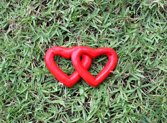 two red heart on the grass