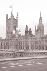 Fototapeta na wymiar Houses of Parliament from Westminster Bridge; London; England; UK in Black and White Sepia Tone