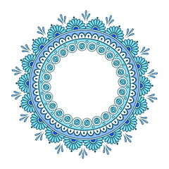 Vector hand drawn abstract turquoise blue colorful  design. Decorative Indian round lace ornate mandala. Frame or plate design