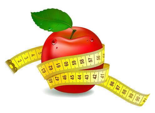 Red apple with measuring tape. The symbol of healthy nutrition
