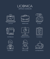 Modern office and business line flat design icons, pictograms set