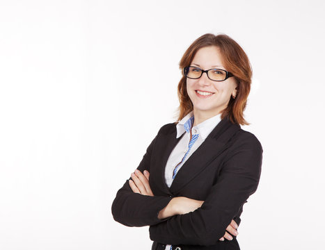 Young Business Woman In Black Suit And Glasses