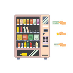 vending machine flat design style with payment variants hand icons, vector illustration