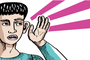 Vector illustration of a man listening - overhear, gossip, spy concept. Hand drawn sketchy comic character - man with palm near his ear. Retro poster style. Comic stripe, pop art.
