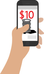 Smartphone Illustration - Isolated and held in hand on a white background, with oil price on screen symbolizing crash in prices at 10 dollars a barrel