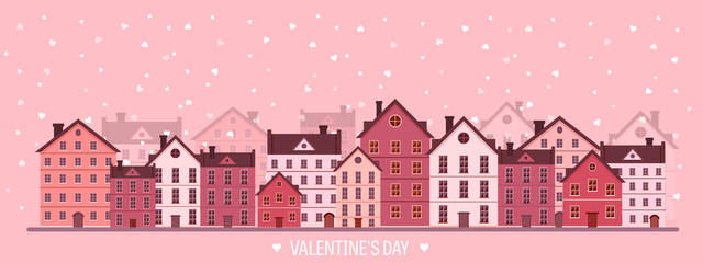 Fototapeta premium Vector illustration. City with hearts. Love. Valentines day. 14 february. Cityscape. Town.