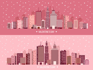 Vector illustration. City with hearts. Love. Valentines day. 14 february. Cityscape. Town.