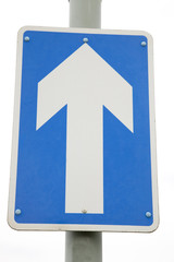 Blue One Way Arrow Sign on White Background