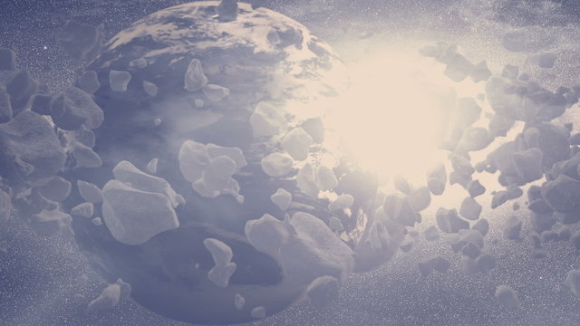 Animation zum Thema Weltall - Planet mit Asteroidenfeld