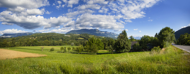 Landscape view from Savoy, Rone - Alps, France.
Farmland between annecy and Aix -les-Bain