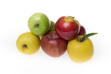 Various apples, yellow red, green isolated on white