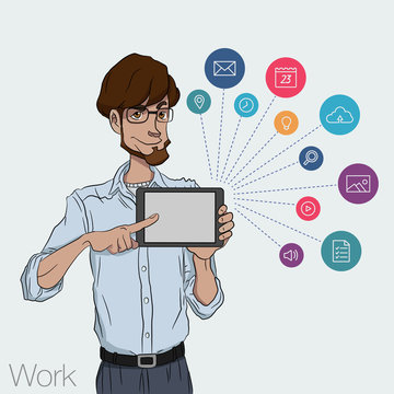Illustration of an office  employee showing tablet screen for presentation applications.