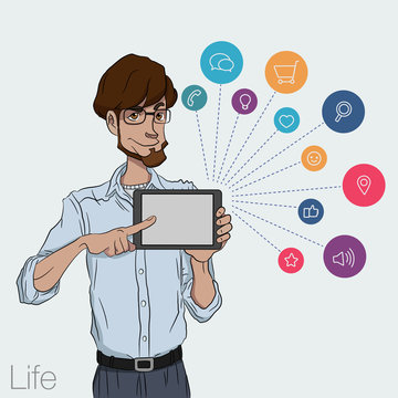 Illustration of an office  employee showing tablet screen for presentation applications.