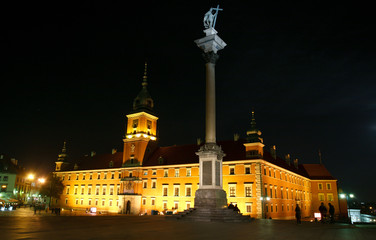 Castle square in night Warsaw. Poland.