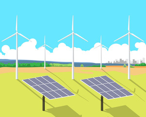 View of solar panels and wind turbines standing in a field against the sky and the city on the horizon. Vector illustration