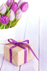 Purple tulip bouquet and gift box
