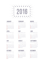 Calendar 2016. Week starts from Sunday.