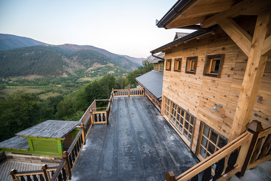 Wooden building in traditional Drvengrad village, Serbia